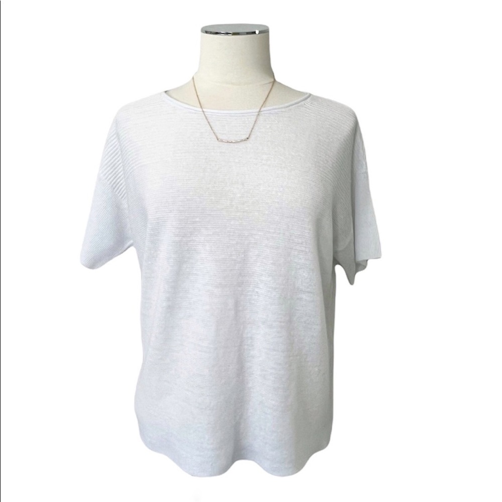 EILEEN FISHER White Organic Linen Top Bateau Knit NK Box Short Sleeve Sz M